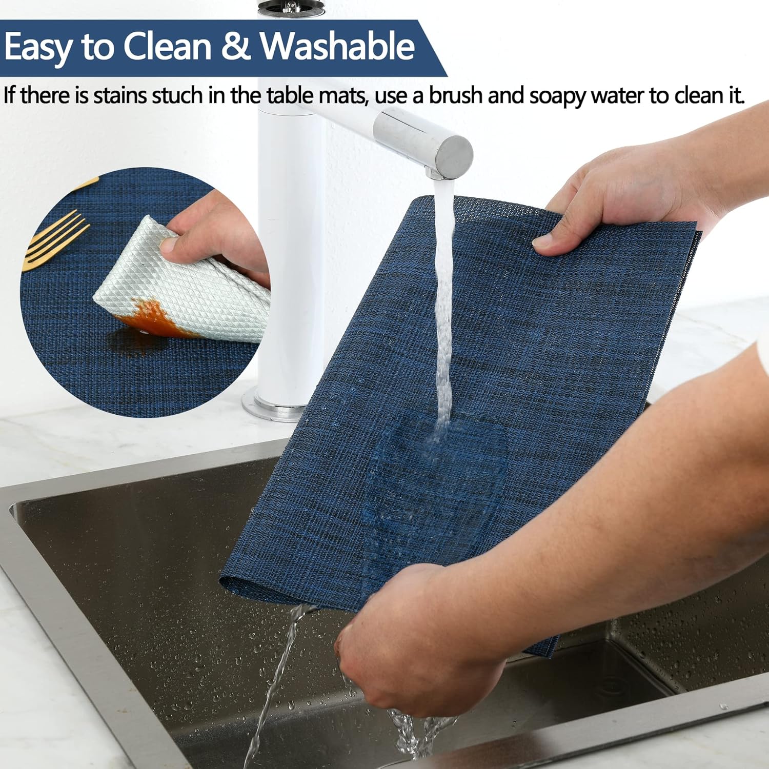 Navy Blue Placemats Set of 8 - Easy Clean Washable Vinyl Placemats - Wipeable Heat Resistant Table