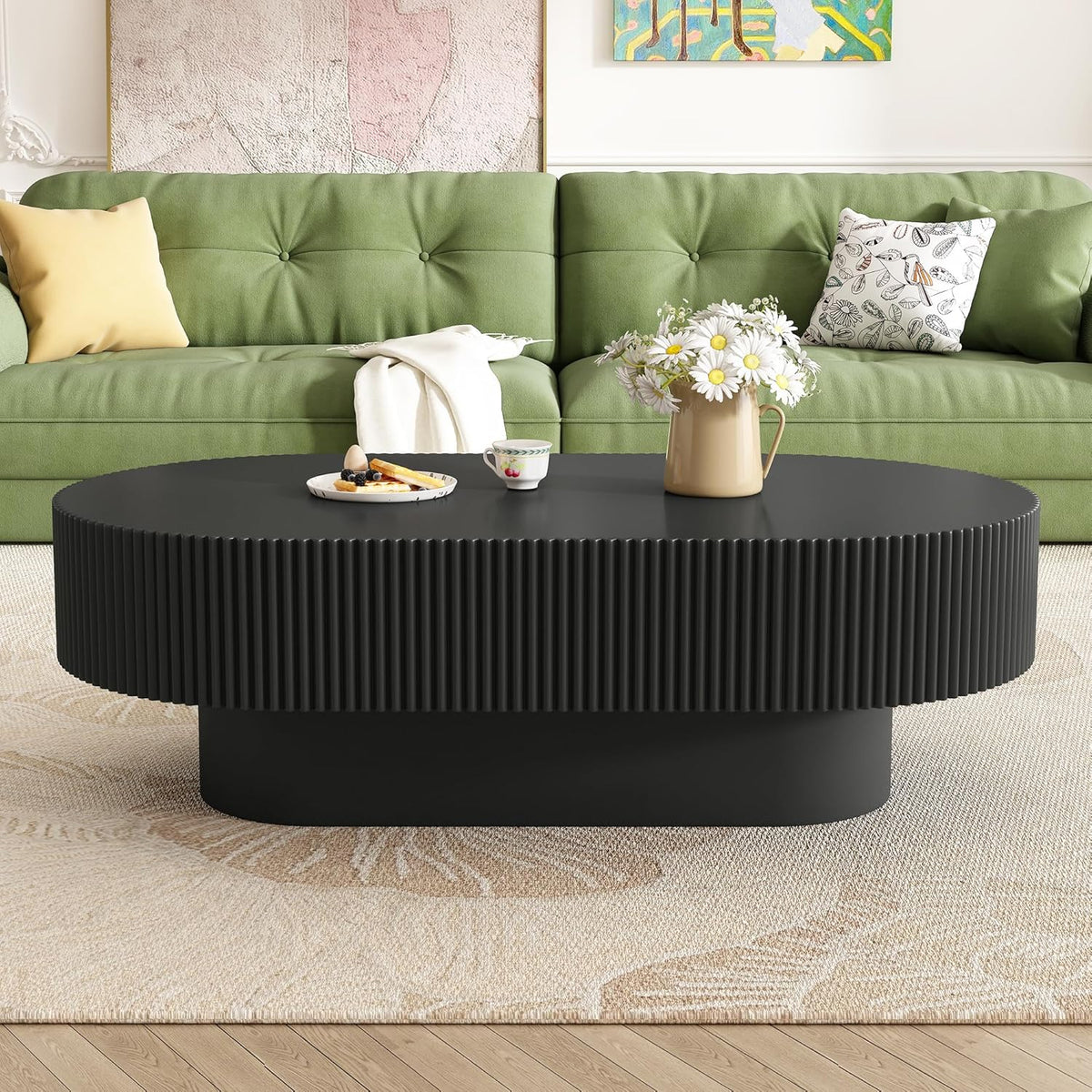 43.3" Oval Fluted Coffee Table Modern Elegant Drum End Table, Minimalist Center Table 7.8" Thick