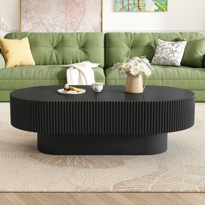 43.3" Oval Fluted Coffee Table Modern Elegant Drum End Table, Minimalist Center Table 7.8" Thick