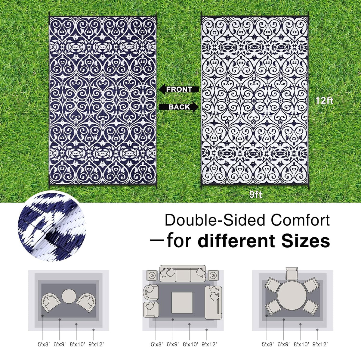 OLANLY Outdoor Rug Waterproof 9x12 ft Clearance, Reversible Outdoor Plastic Straw Rug with Floral