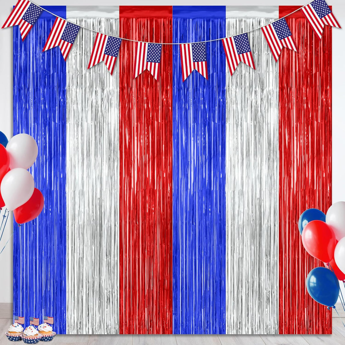 2 Pack 4th of July Party Supplies, 3.28 FT x 7.05 FT 4th of July Tinsel Backdrop, Blue Silver Red