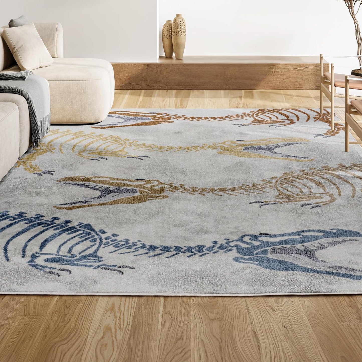 JONATHAN Y Machine-Washable Cream/Multi Indoor Area Rug, 8x10, Kingdarr T-Rex Modern, Casual, Kids