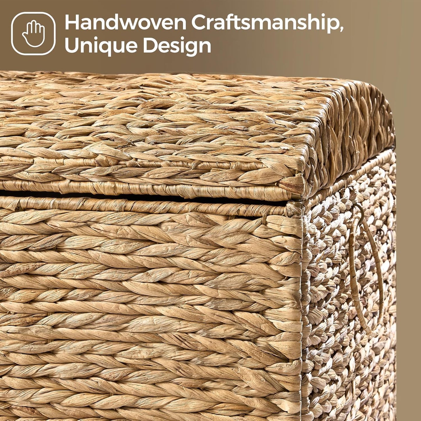 Handwoven Storage Basket with Lid, 178L Wicker Storage Bin, Natural Water Hyacinth, Leather Buckle