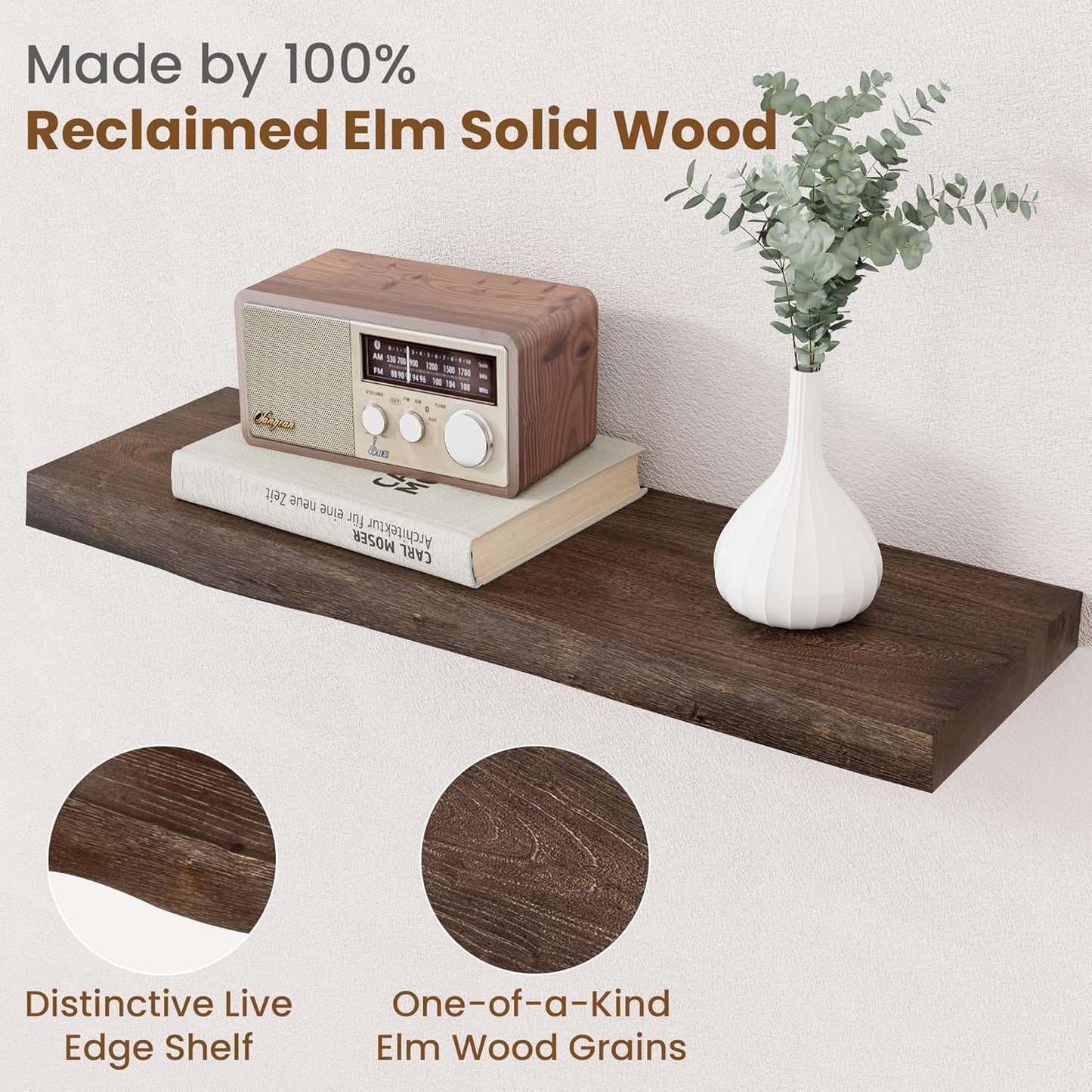 Floating Shelves for Wall Decor, Rustic Solid Elm Wood Live Edge Floating Shelves Wall Mounted