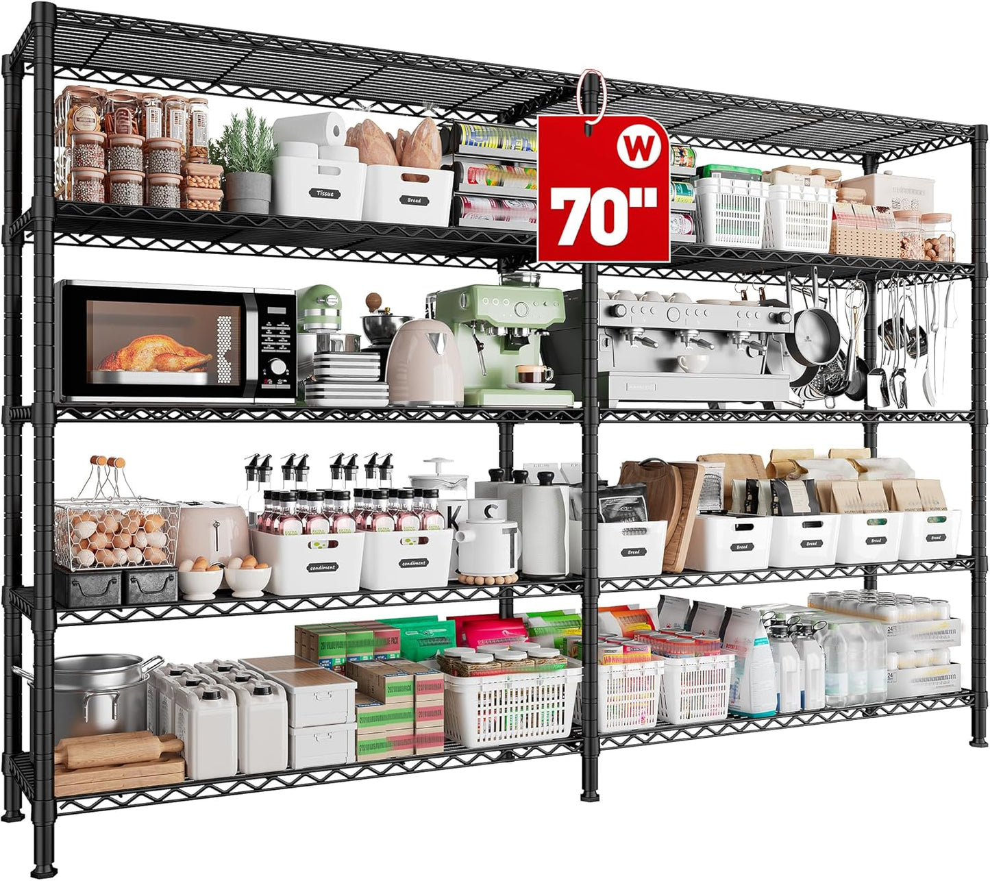 REIBII 70"W Storage Shelves Load 1600LBS, Metal Shelving 5-tier Wire Shelving Unit Metal Shelves