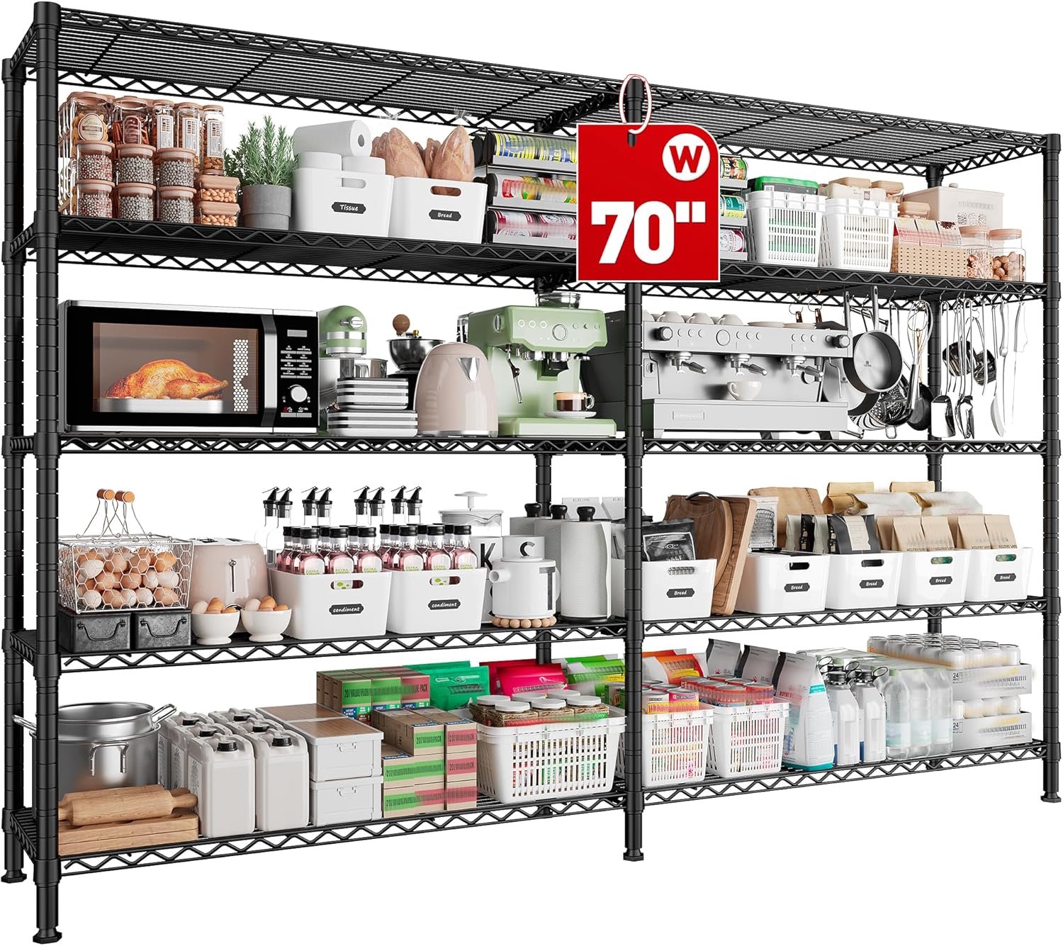 REIBII 70"W Storage Shelves Load 1600LBS, Metal Shelving 5-tier Wire Shelving Unit Metal Shelves
