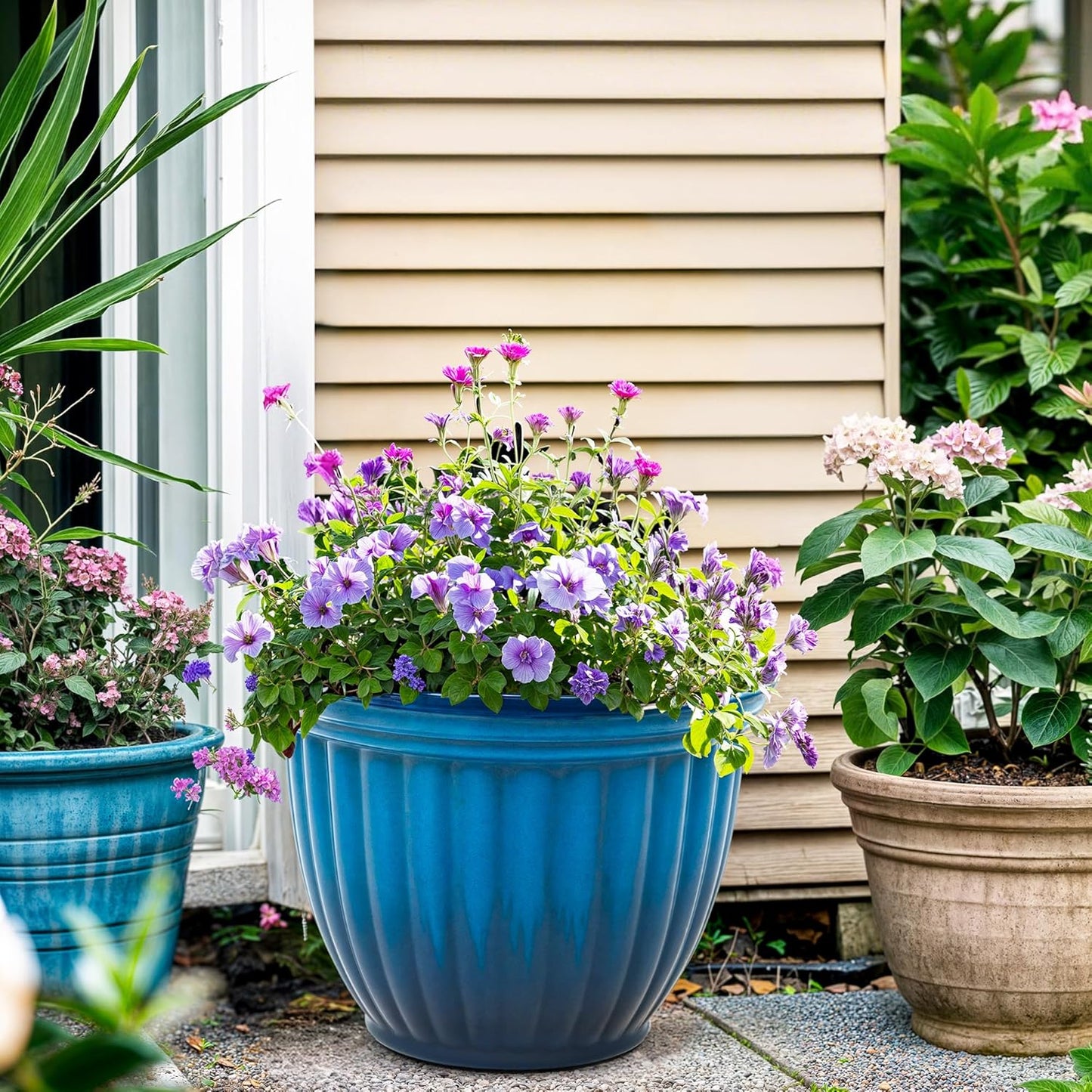 15" H Large Flower Pots, Set of 2 Plastic Planters for Outdoor Plants with Gradient Blue Finish and