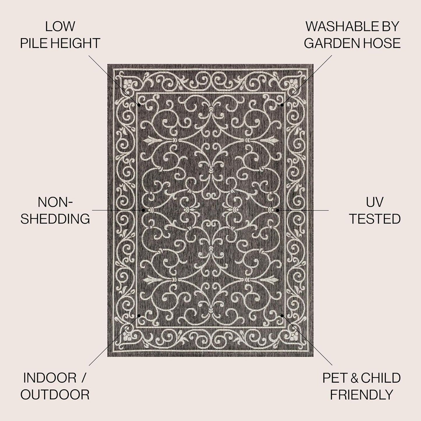 JONATHAN Y Vintage Filigree Indoor Outdoor Square Area Rug 3X3 Black/Gray, Charleston Textured