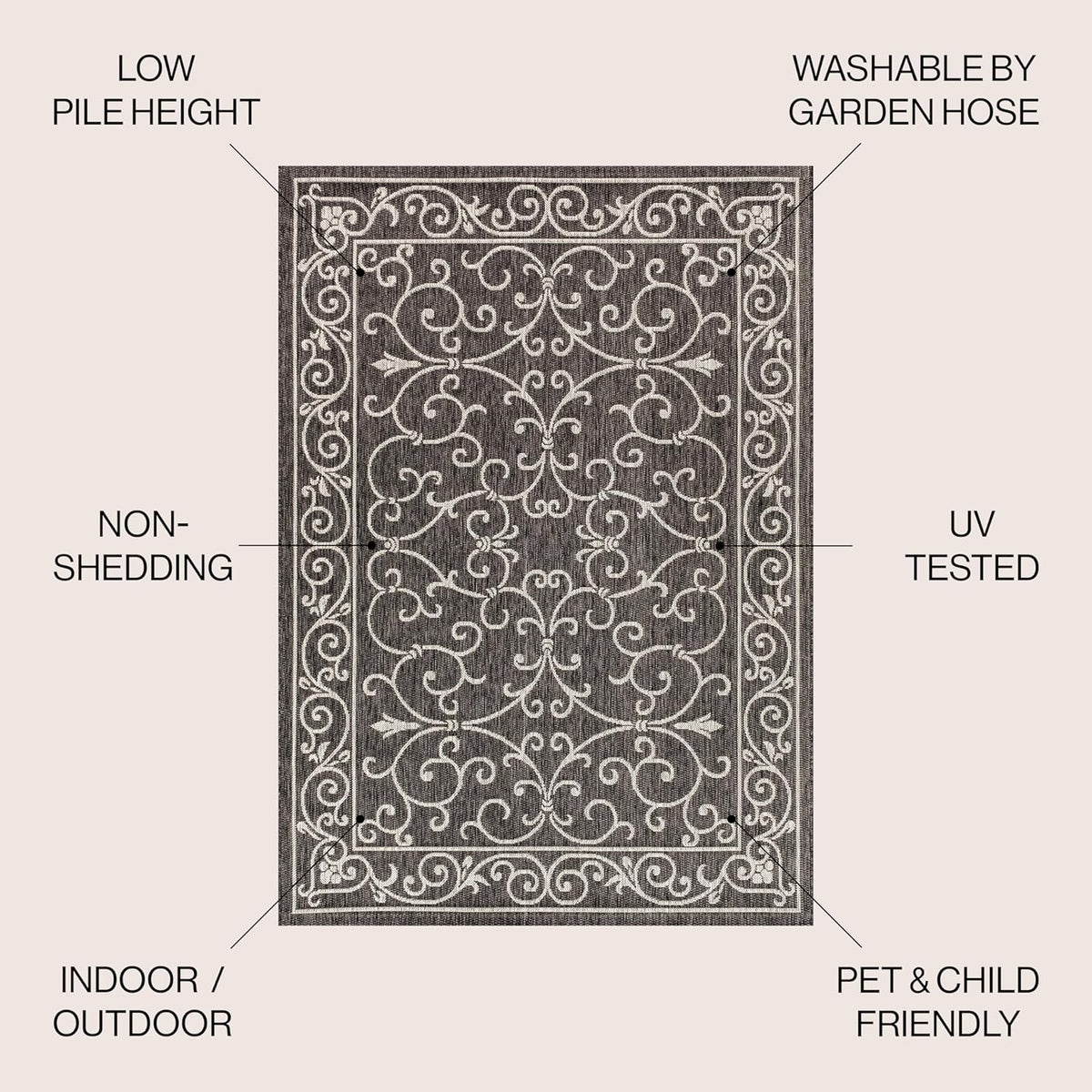 JONATHAN Y Vintage Filigree Indoor Outdoor Area Rug 10X14 Black/Gray, Charleston Textured Weave for