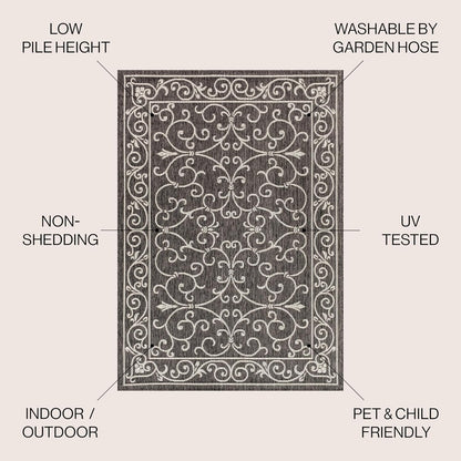 JONATHAN Y Vintage Filigree Indoor Outdoor Round Area Rug 6 Ft Black/Gray, Charleston Textured
