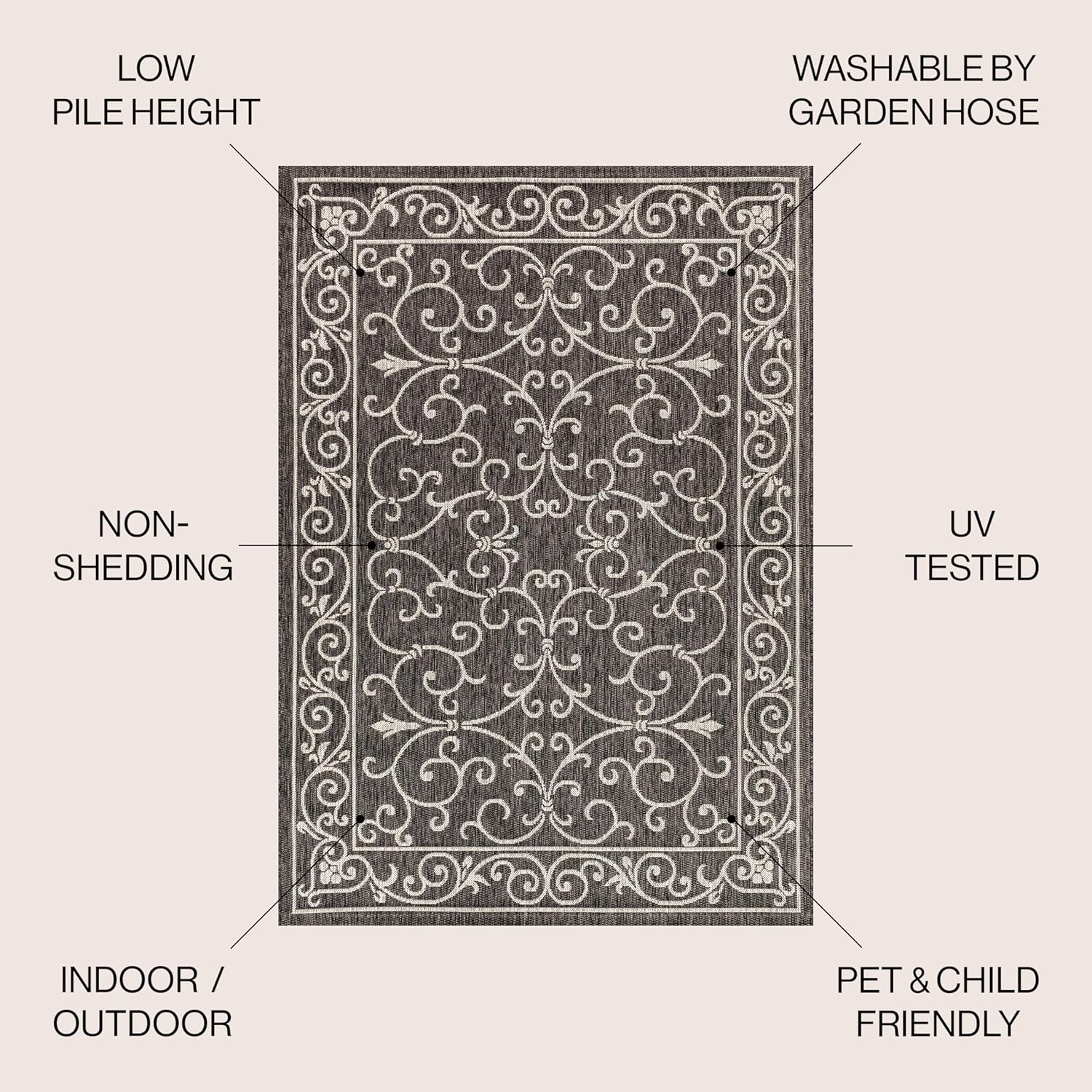 JONATHAN Y Vintage Filigree Indoor Outdoor Square Area Rug 6X6 Black/Gray, Charleston Textured