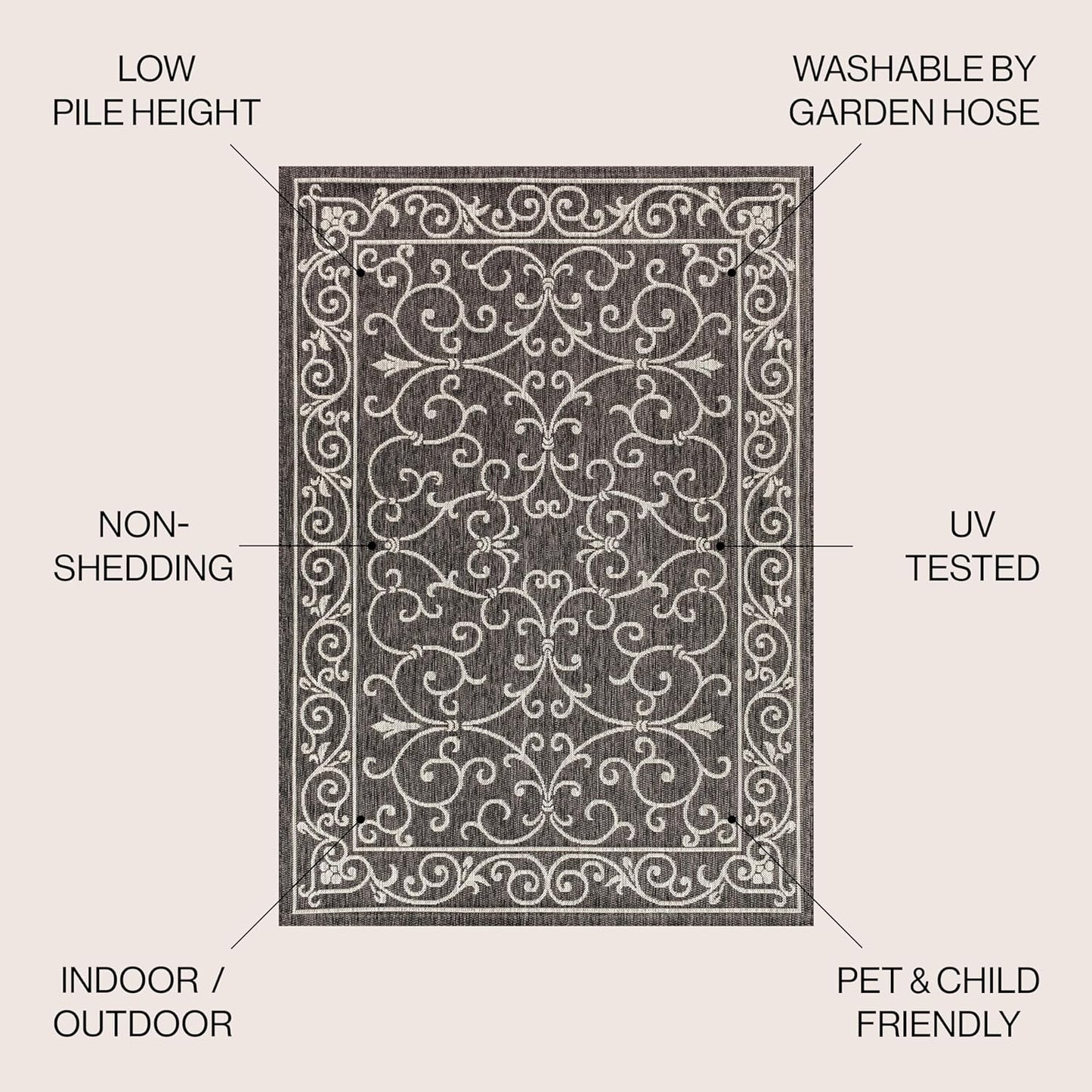 JONATHAN Y Vintage Filigree Indoor Outdoor Area Rug 4X6 Black/Gray, Charleston Textured Weave for