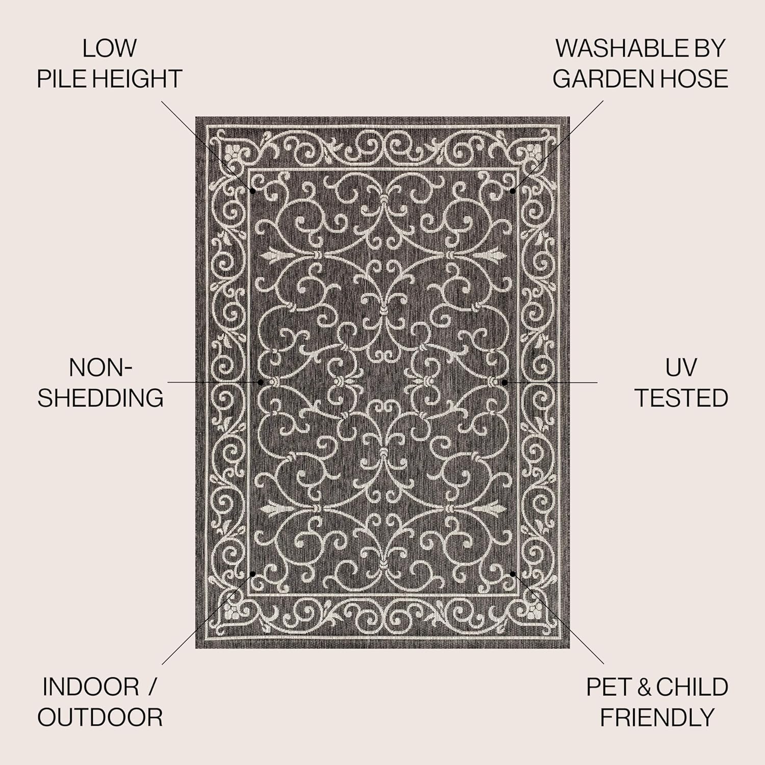 JONATHAN Y Vintage Filigree Indoor Outdoor Area Rug 4X6 Black/Gray, Charleston Textured Weave for