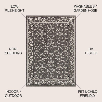 JONATHAN Y Vintage Filigree Indoor Outdoor Area Rug 4X6 Black/Gray, Charleston Textured Weave for