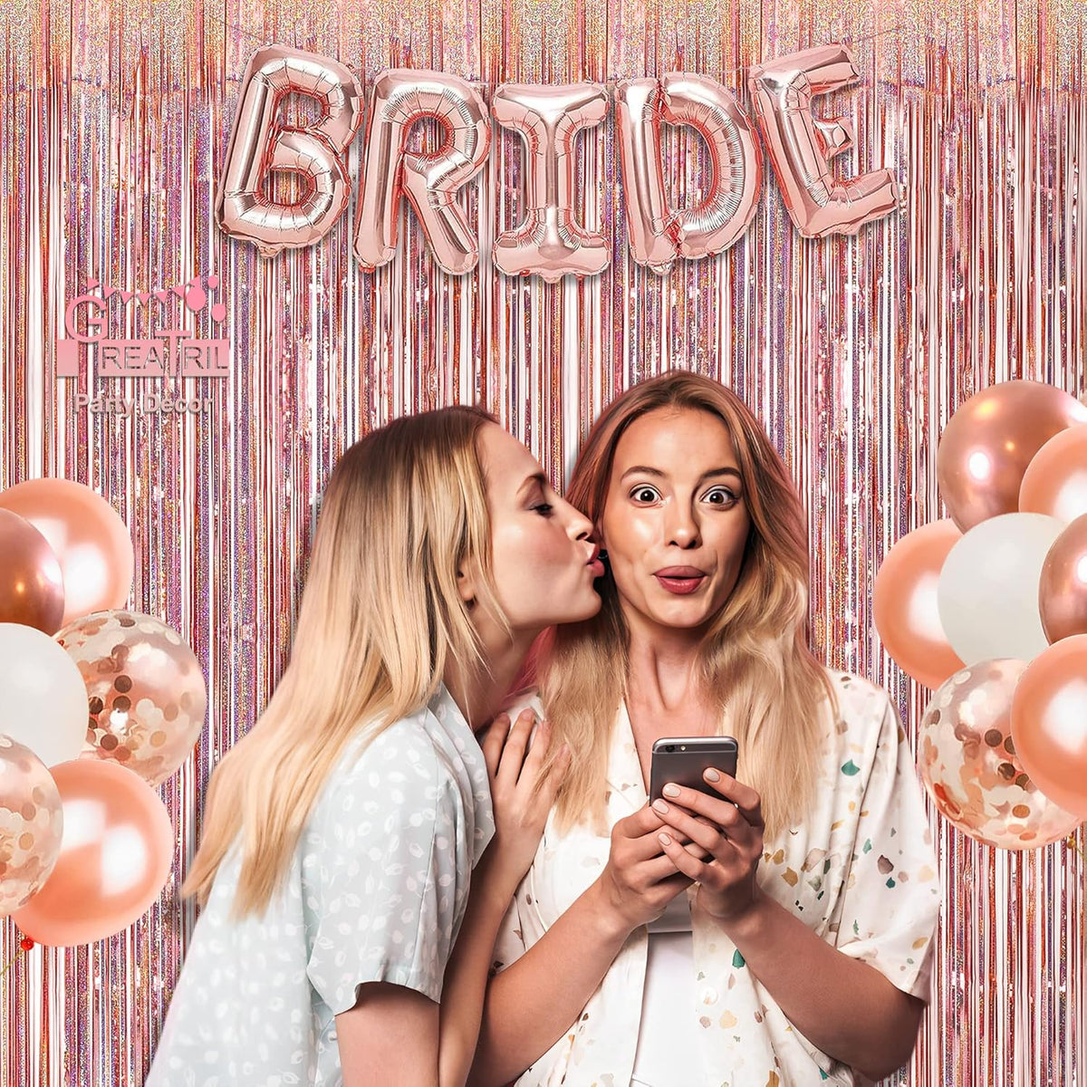 Rose Gold Tinsel Curtain Party Backdrop - GREATRIL Foil Fringe Curtain Streamers for Bachelorette