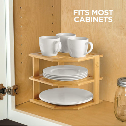 2-Pack Plate Organizer for Cabinet - Bamboo Corner Shelf for Kitchen or Bathroom Storage