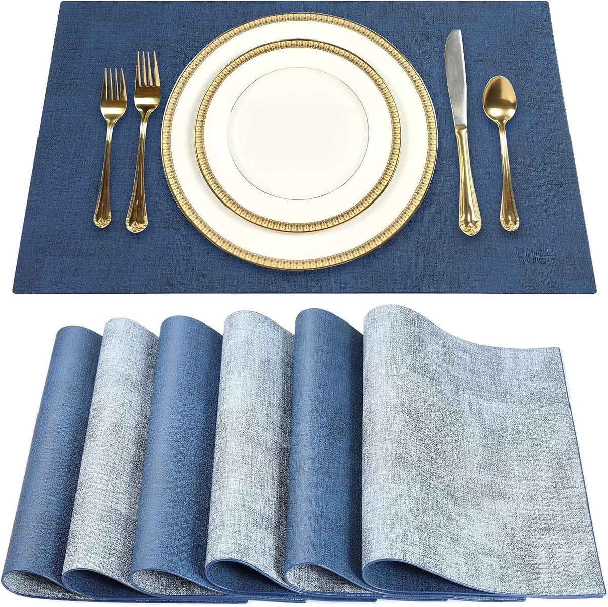 SUEH DESIGN Leather Placemats Set of 6 Reversible Table Mats Heat Resistant Waterproof No-Slip