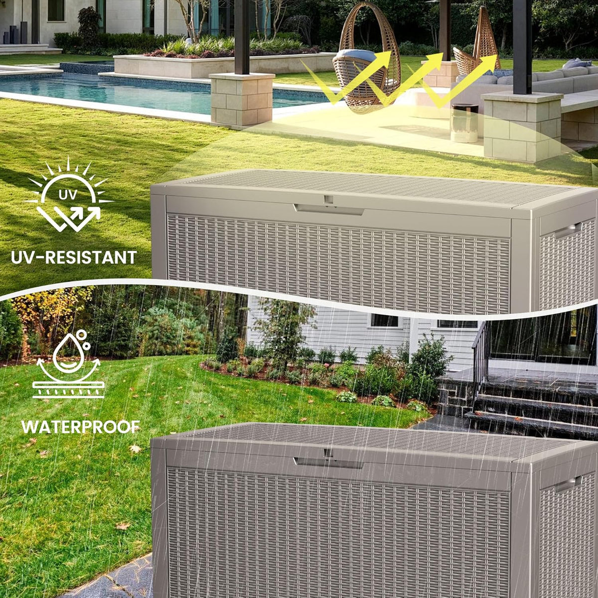 100 Gallon Storage Box, Waterproof Resin Deck Box with Hydraulic Piston Design, Lockable Storage