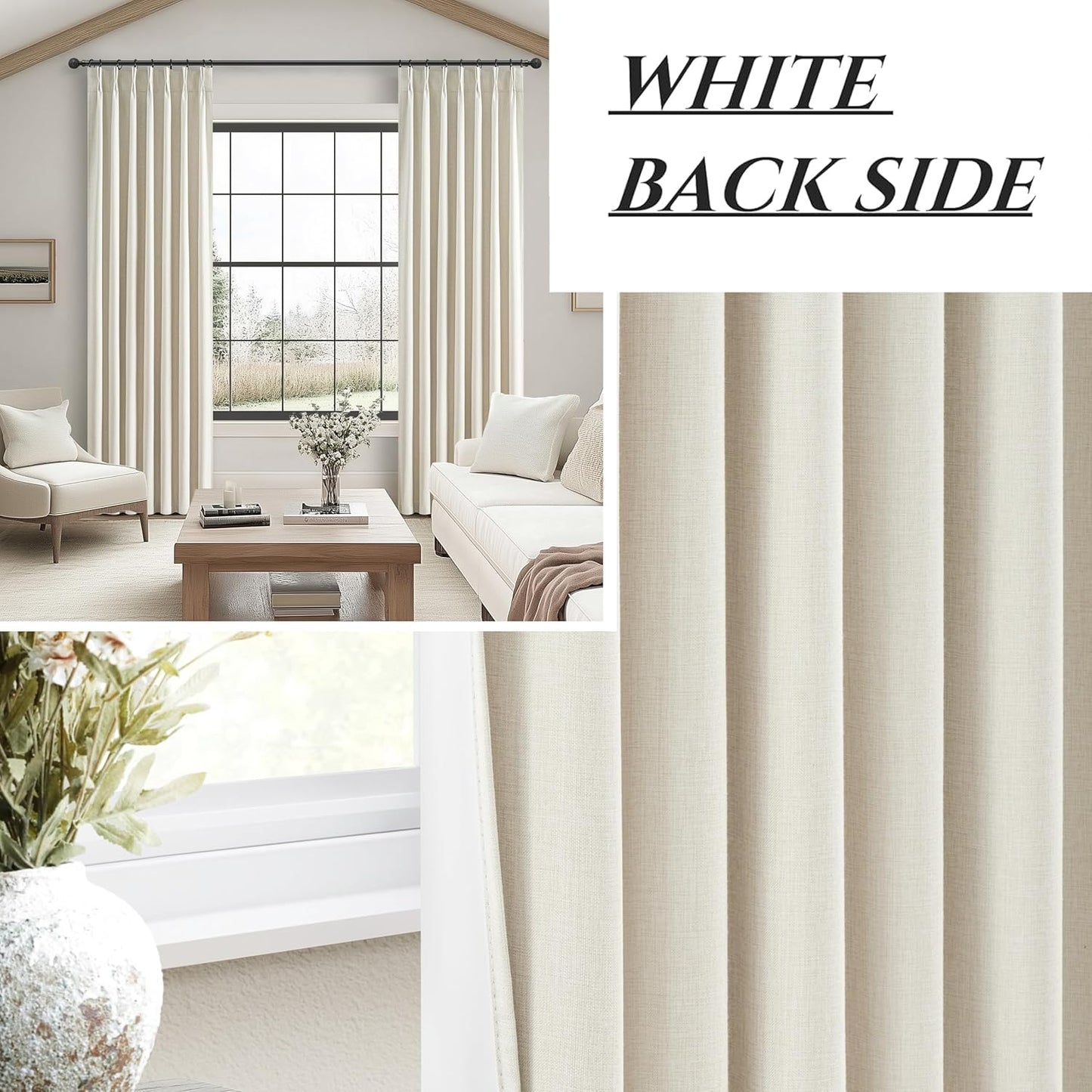 Cream Pleat Blackout Curtains 84 Inch Length 2 Panels Set for Living Room, Farmhouse Linen Blend