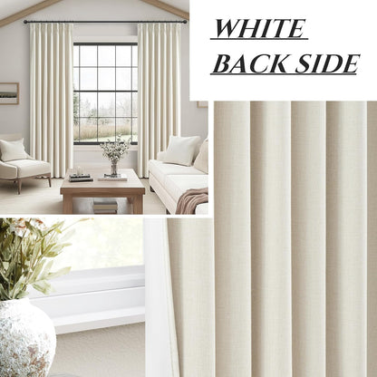 Cream Pleat Blackout Curtains 84 Inch Length 2 Panels Set for Living Room, Farmhouse Linen Blend