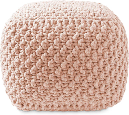 Casafield Square Pouf Ottoman, Light Pink 18.5" W x 18.5" D x 14.5" H Cotton Knit Foot Stool - Boho