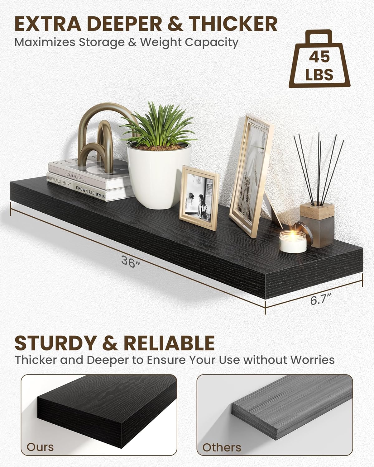 Marsmiles 36" Floating Shelves for Wall, Wooden Shelves with Invisible Brackets Set of 2, Rustic