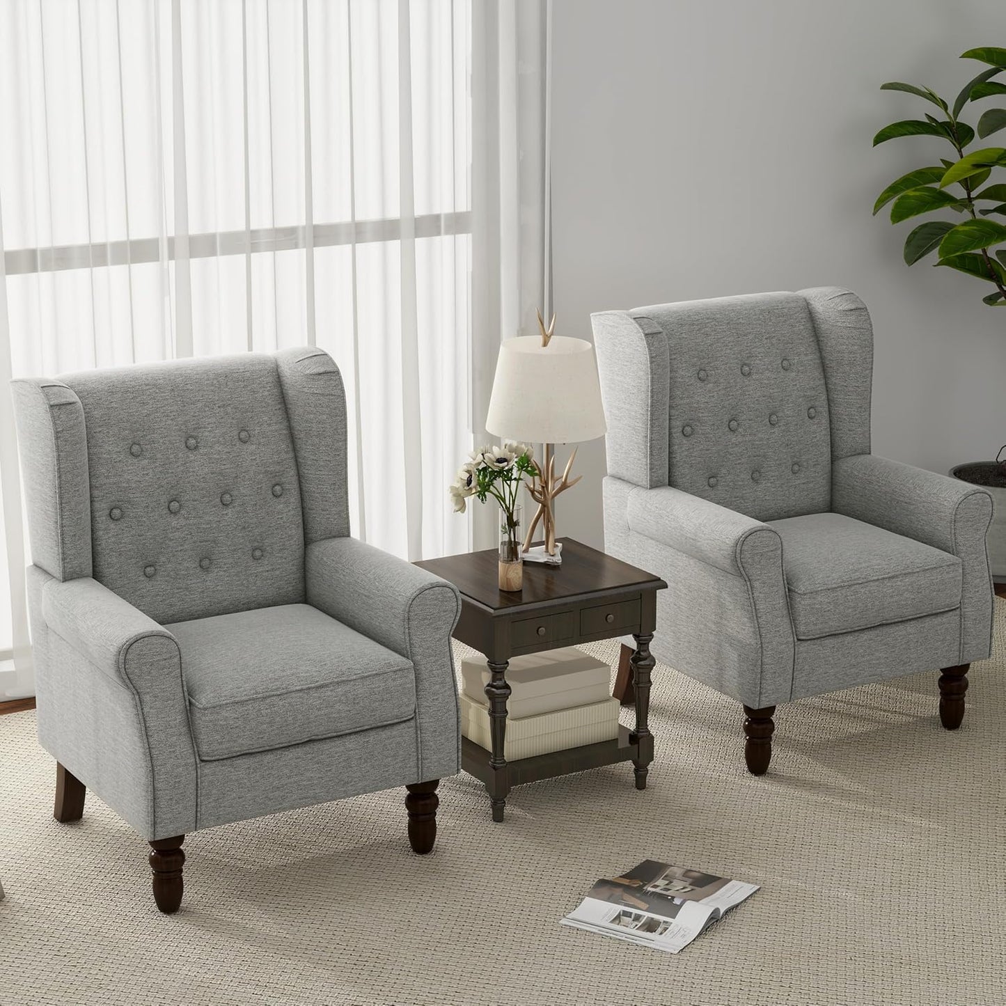 Accent Chair, Upholstered Armchair with Button Tufted High Back & Solid Wood Legs, Comfy Wingback