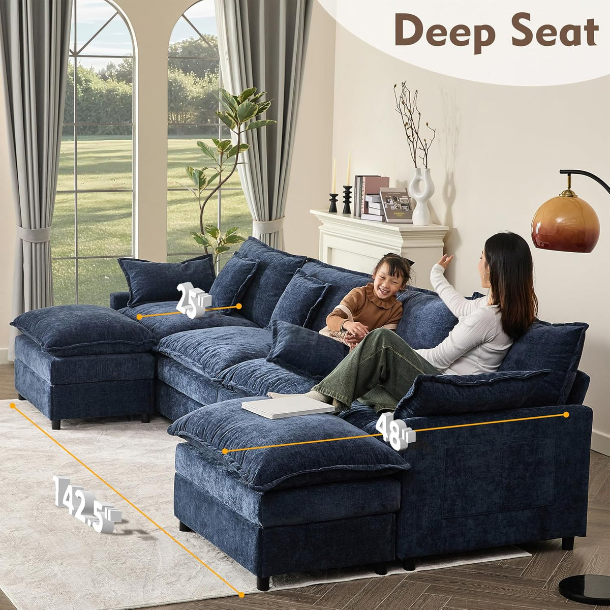 142.5" U Shaped Couch, Modular Sectional Sofa, 3-Seater Comfy Cloud Couch with Movable Ottoman