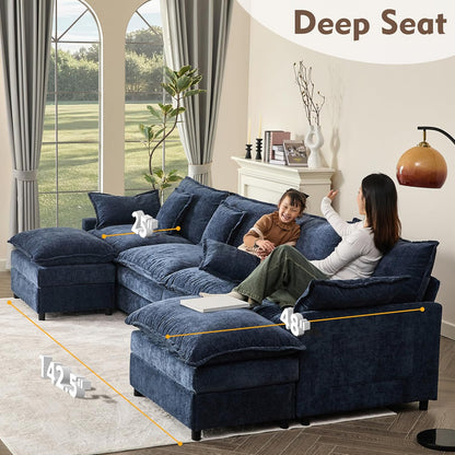 142.5" U Shaped Couch, Modular Sectional Sofa, 3-Seater Comfy Cloud Couch with Movable Ottoman