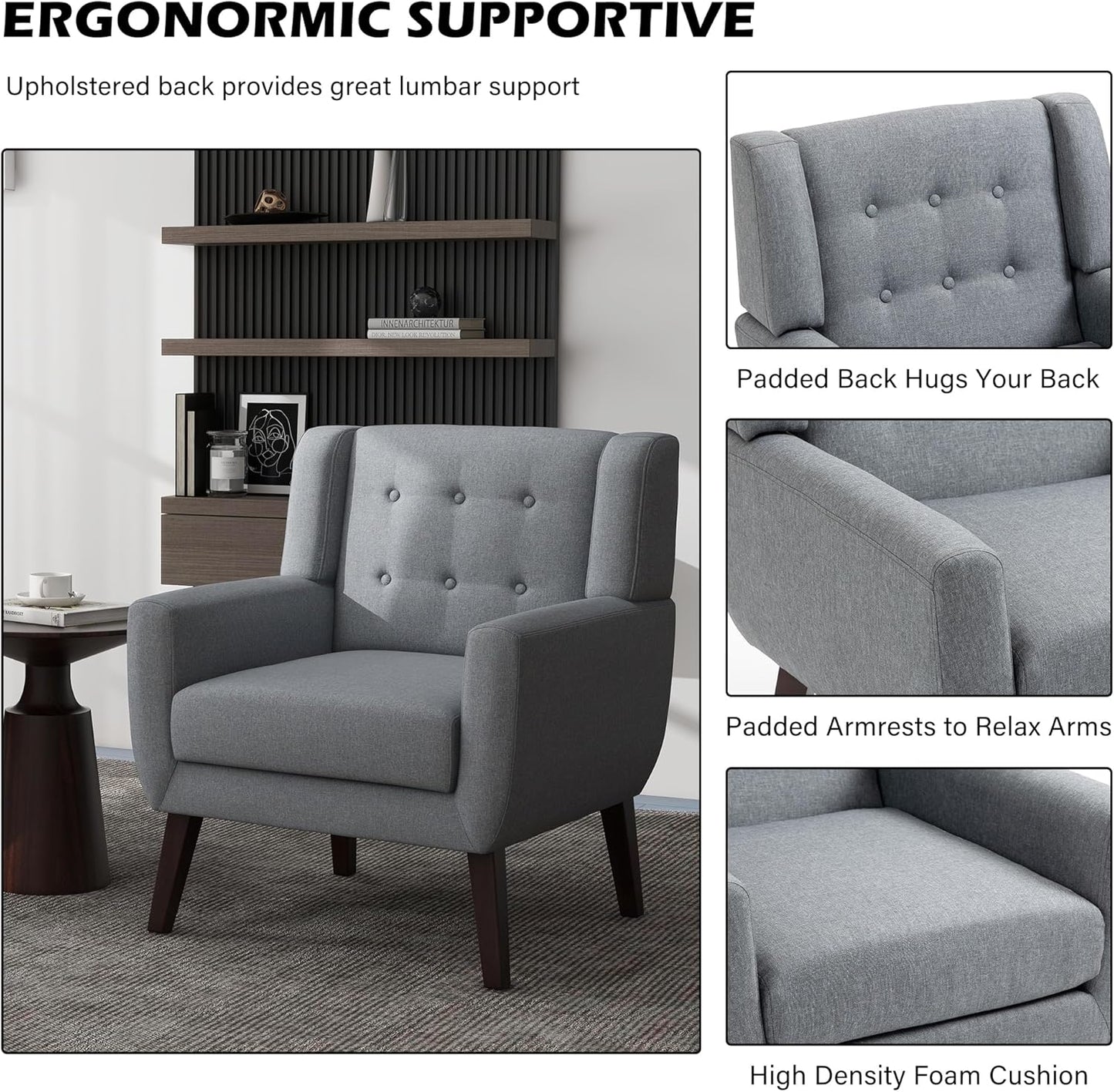 UIXE Accent Chair, Modern Upholstered Armchair in Fabric for Living Room, Comfy Club Arm Chairs