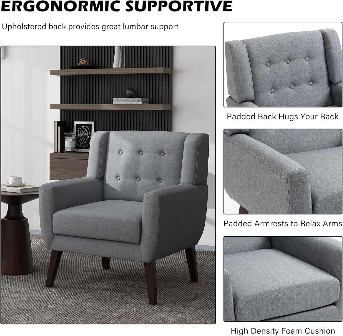 UIXE Accent Chair, Modern Upholstered Armchair in Fabric for Living Room, Comfy Club Arm Chairs