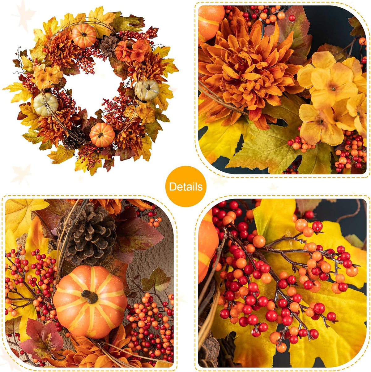 Glitzhome 24 inch Artificial Fall Wreath Decor, Autumn Maple Leaf Wreath for Front Door with Dahlia
