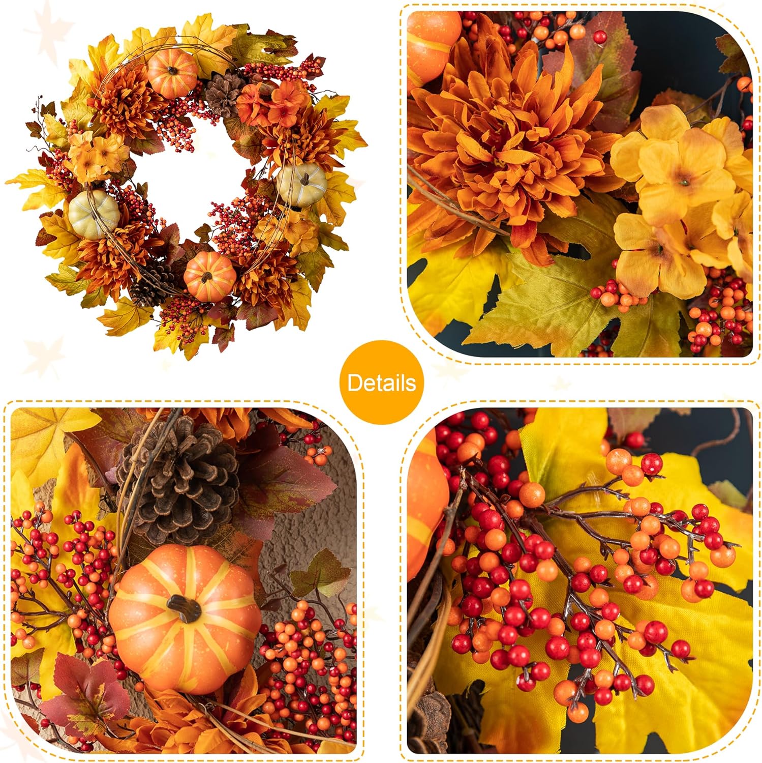 Glitzhome 24 inch Artificial Fall Wreath Decor, Autumn Maple Leaf Wreath for Front Door with Dahlia