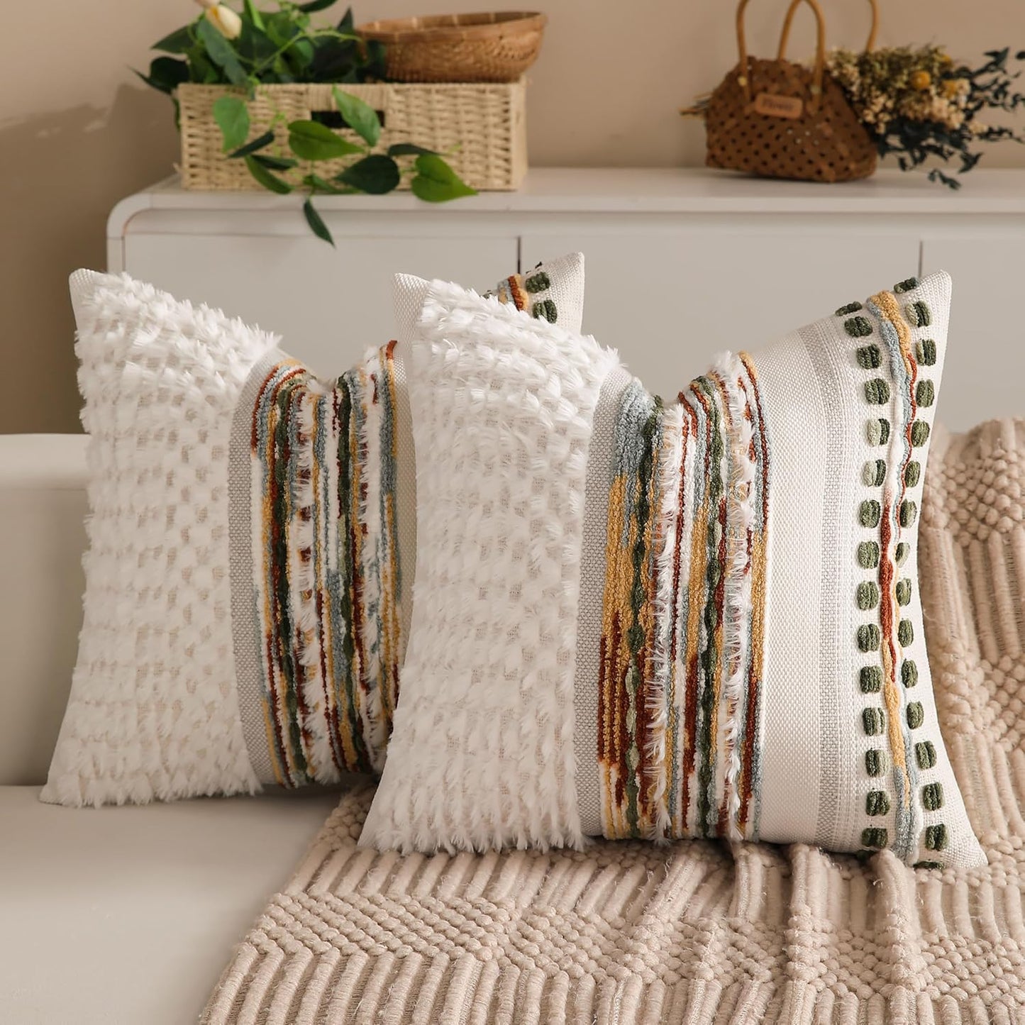 Boho Chenille Tufted Couch Throw Pillow Covers 18x18 Inch Set of 2 Farmhouse Striped Decorative