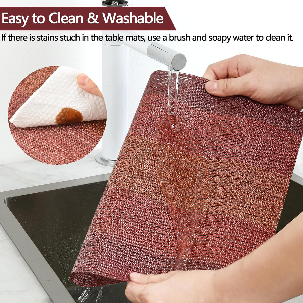 Placemats Set of 6 - Easy Clean Washable Vinyl Placemats - Wipeable Heat Resistant Table Mats for