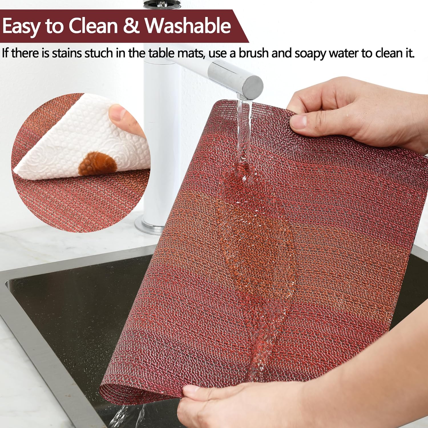 Placemats Set of 8 - Easy Clean Washable Vinyl Placemats - Wipeable Heat Resistant Table Mats for