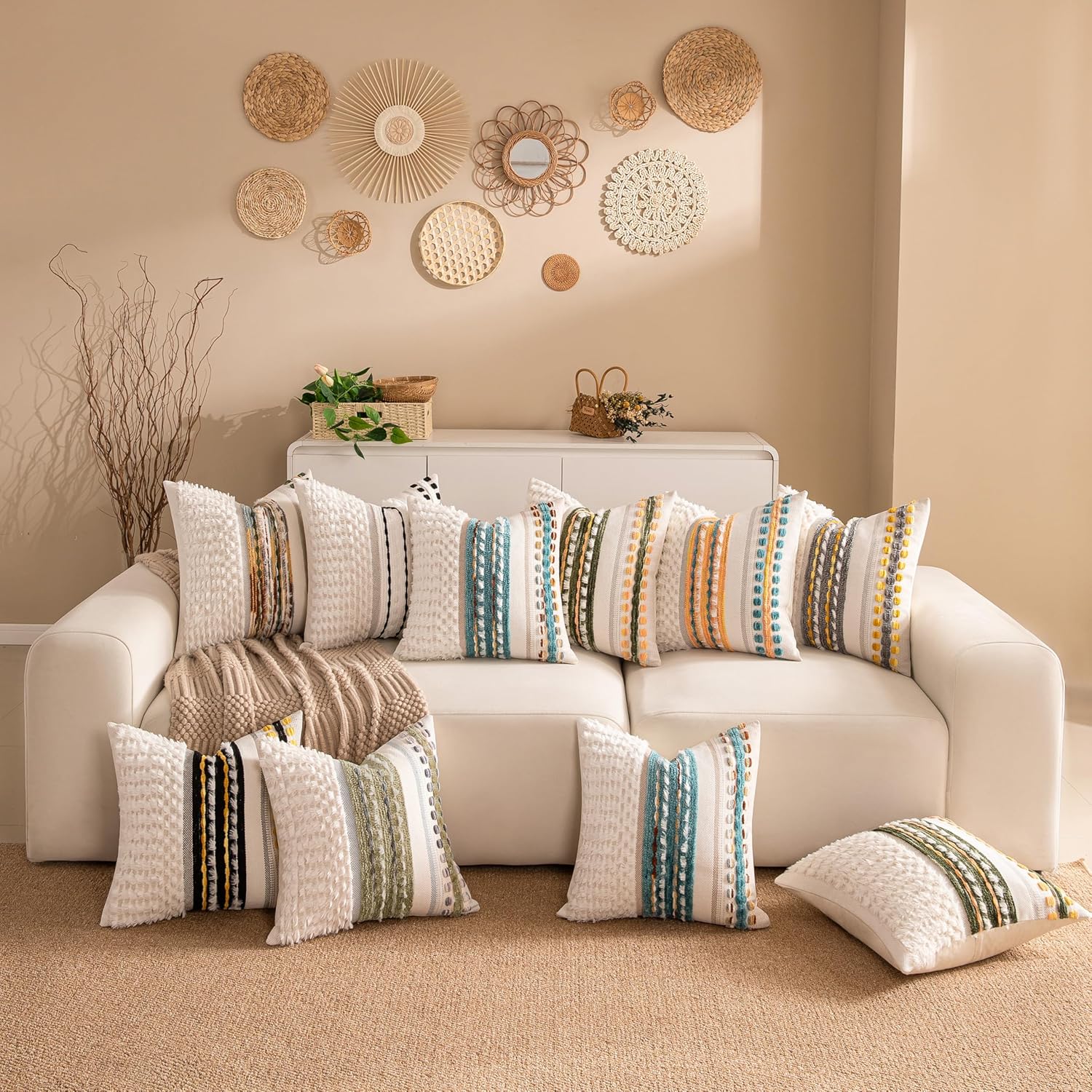 Boho Chenille Tufted Couch Throw Pillow Covers 18x18 Inch Set of 2 Farmhouse Striped Decorative