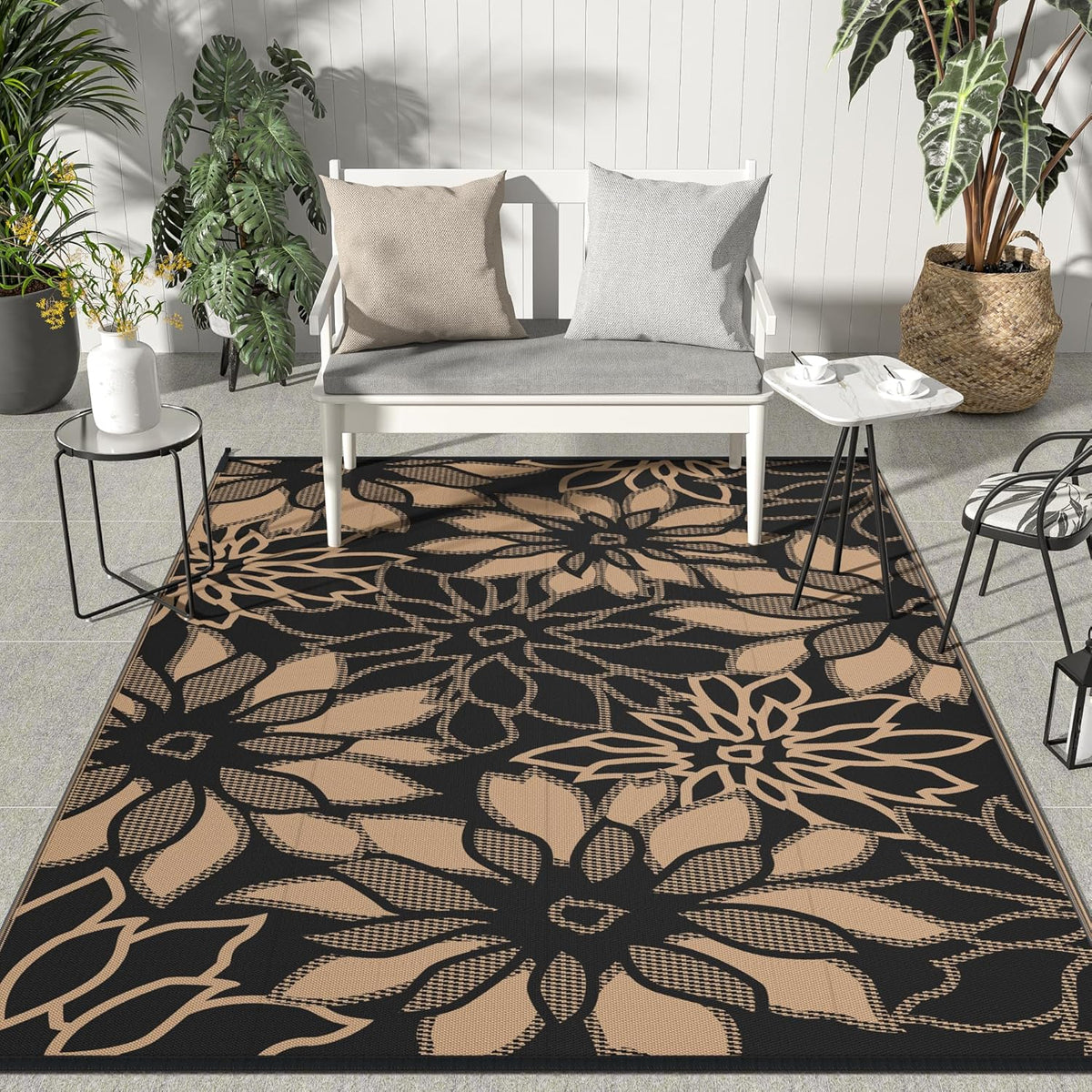 GENIMO Outdoor Rug Waterproof for Patio Decor, 9' x 12' Reversible Plastic Straw Floral Camping