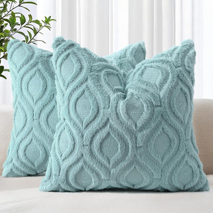 decorUhome Fall Throw Pillow Covers 16x16 Inch Set of 2, Soft Plush Decorative Faux Fur Aqua Solid