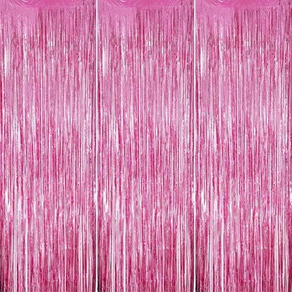 3 Pack Foil Fringe Backdrop - Pink Shiny Tinsel Curtains for Party Decoration/Photo Booth Props