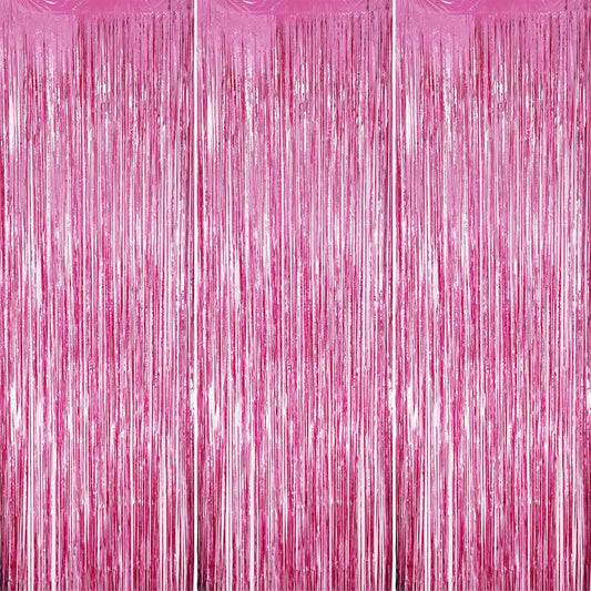 3 Pack Foil Fringe Backdrop - Pink Shiny Tinsel Curtains for Party Decoration/Photo Booth Props