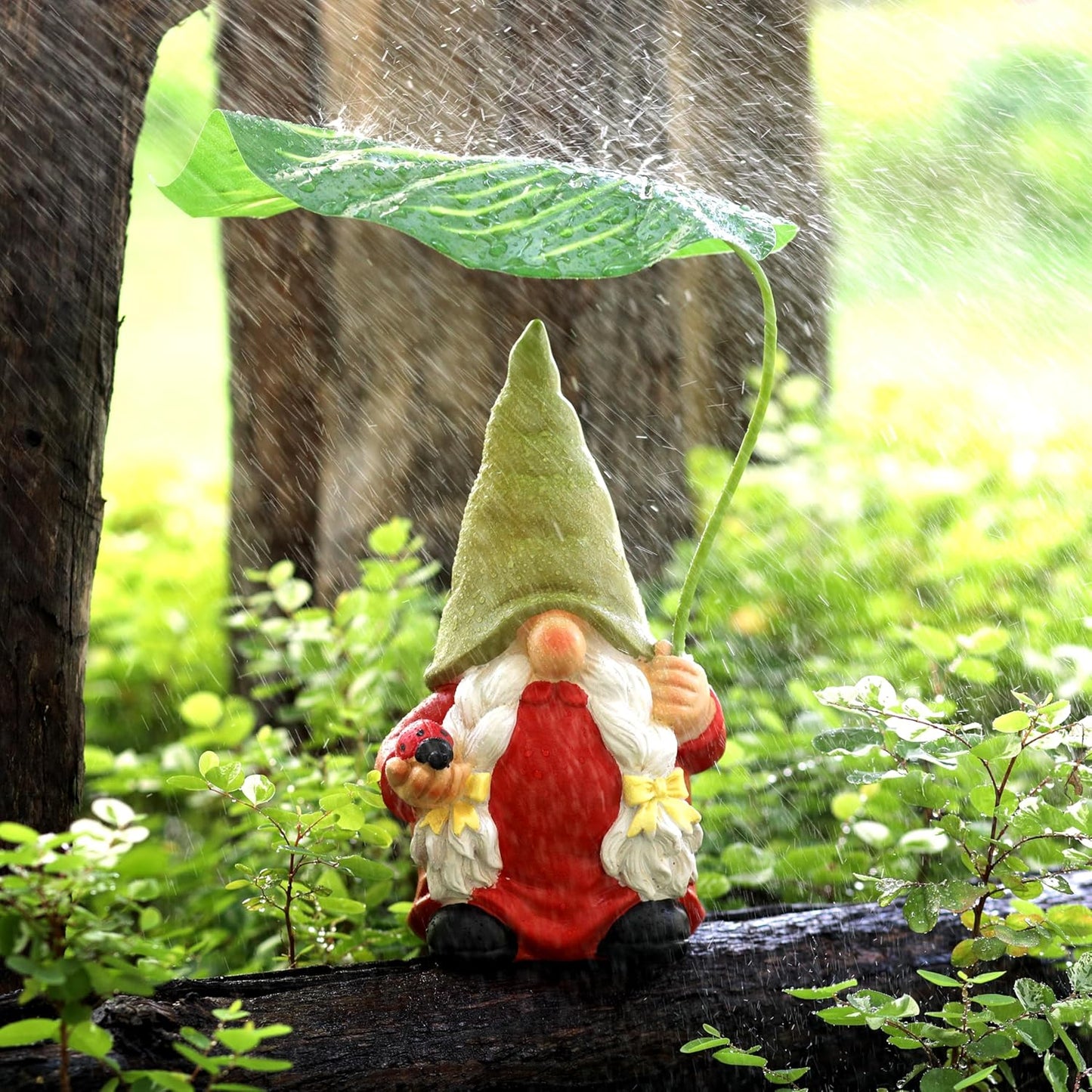 Garden Female Gnome Statue Decoration with Leaf Umbrella, 7.5” Figurine Ornament for Indoor Outdoor