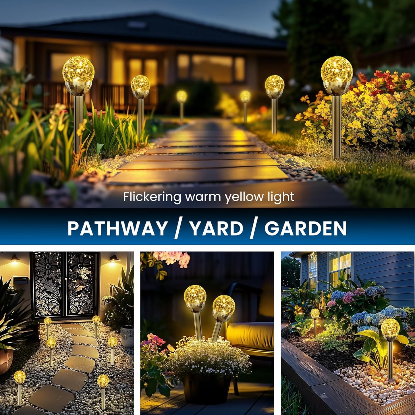 SOLPEX Solar Garden Lights String - 3 Pack Warm White, Solar Powered Cracked Glass Ball, Waterproof