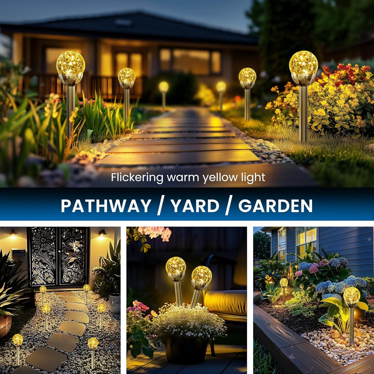 SOLPEX Solar Garden Lights String - 3 Pack Warm White, Solar Powered Cracked Glass Ball, Waterproof