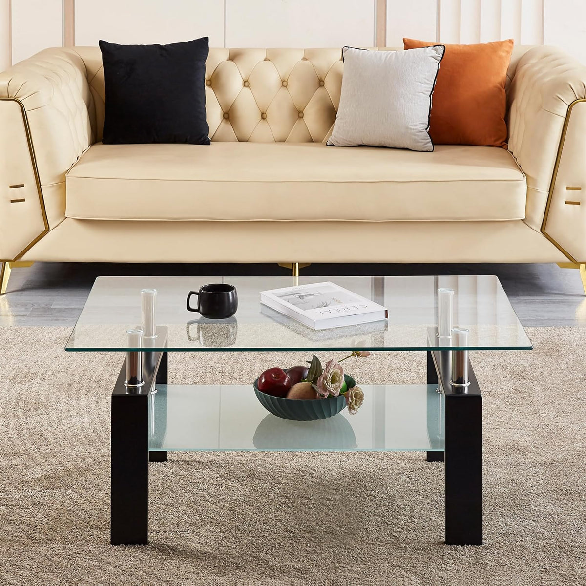Glass Coffee Table for Living Room, 2 Layer Center Table with Clear Rectangle Tempered Glass Top