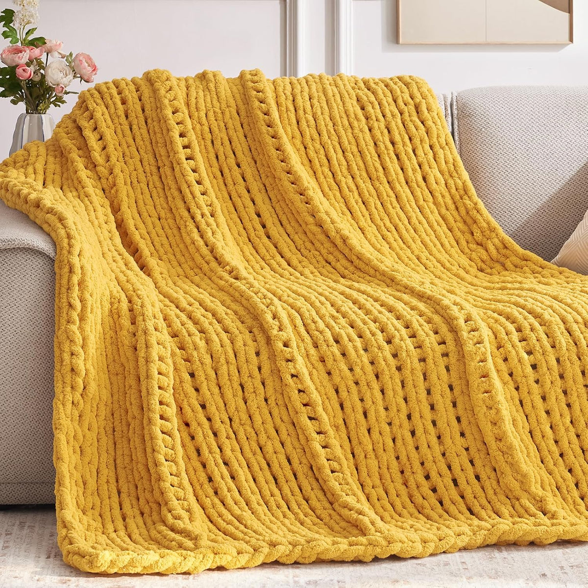 Chunky Knit Throw Blanket, 50''*60'' Knitted Throw Chenille Yarn for Bed Couch, Handmade Yellow