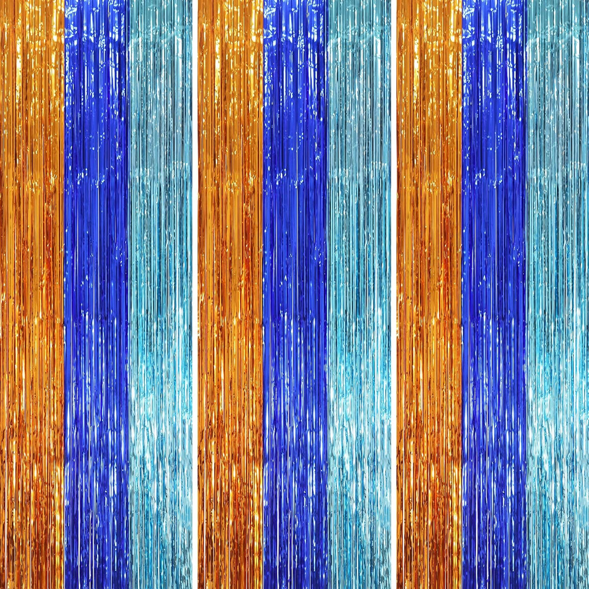 3 Pack 3.3 x 8.2 ft Blue Orange Foil Fringe Backdrop Curtains, Tinsel Streamers Party Decorations