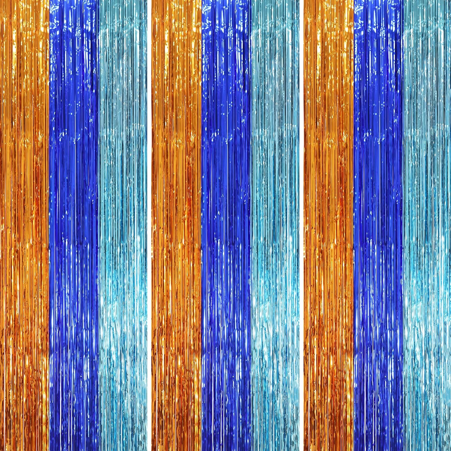 3 Pack 3.3 x 8.2 ft Blue Orange Foil Fringe Backdrop Curtains, Tinsel Streamers Party Decorations