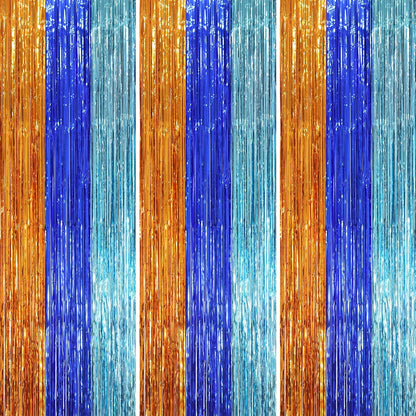 3 Pack 3.3 x 8.2 ft Blue Orange Foil Fringe Backdrop Curtains, Tinsel Streamers Party Decorations