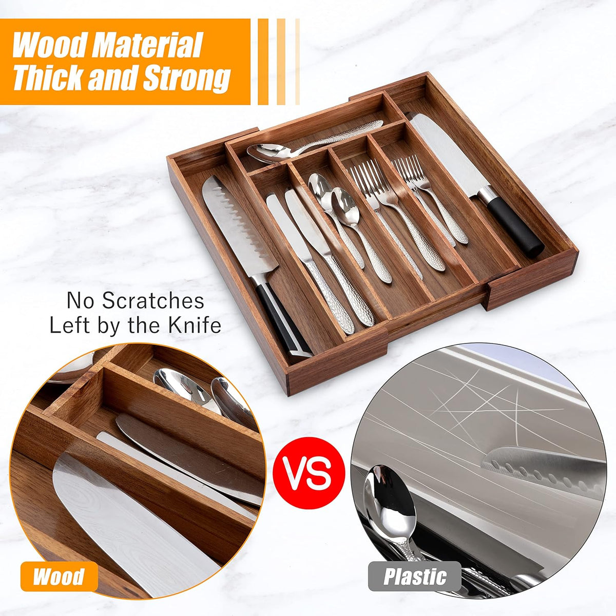 Bellsal Acacia Silverware Organizer Kitchen Drawer Organizer Expandable Bamboo Utensil Holder